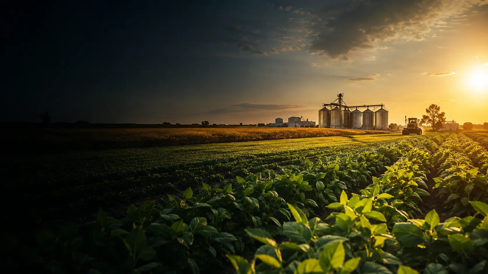 Campo cultivado con silos y maquinaria agrícola al amanecer